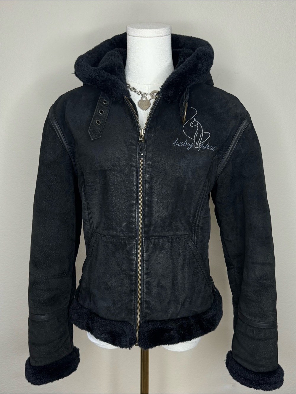 Vintage Y2K Baby Phat Suede Jacket Black Genuine Leather Faux Fur Lined Size M